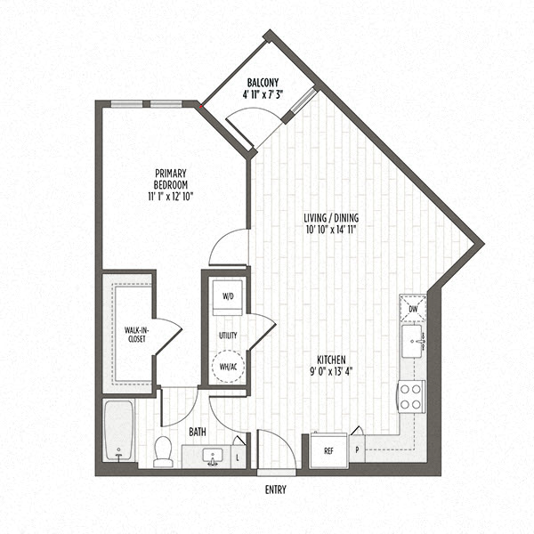 Floor plan for 1 bed, 1 bath, 727 sqft